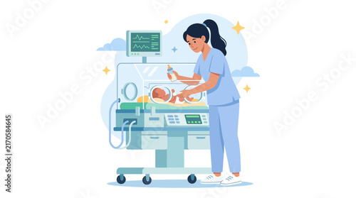 Nurse Cares for Newborn in Incubator with Medical Equipment, Vector Illustration