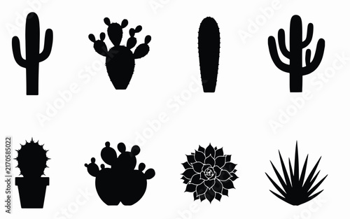 Cactus and succulent icon set vector black desert plants saguaro prickly pear potted flora silhouettes isolated flat graphic illustration