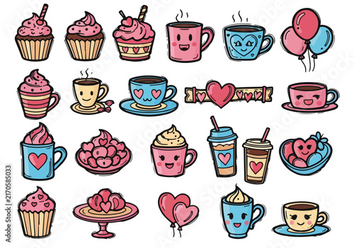 A collection of cute hand-drawn doodle illustrations featuring cupcakes coffee mugs and hearts.