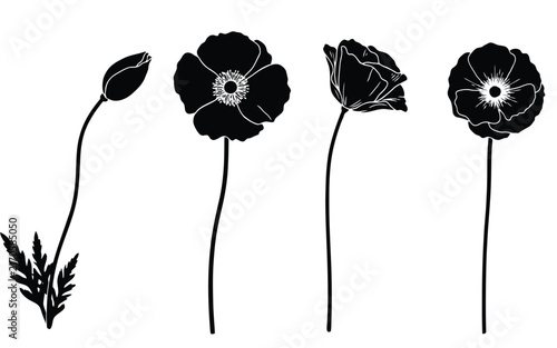 Poppy flower icon set vector black floral silhouette collection plant stem bud bloom botanical elements isolated flat design illustration