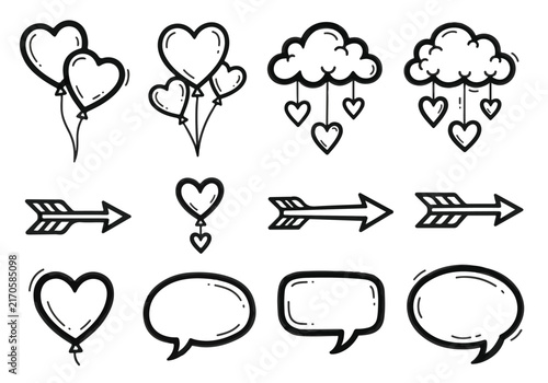 Hand drawn doodle set featuring romantic hearts clouds arrows and speech bubbles.
