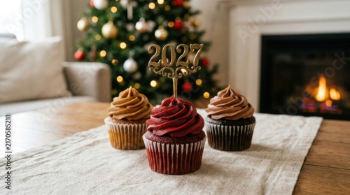 2027 Colorful Cupcakes on Festive Table With Christmas Tree