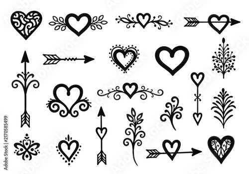 A collection of hand-drawn romantic heart and arrow illustrations.