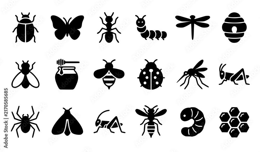 Obraz premium Filled Insect Icon Set with Beetle Butterfly Ant Caterpillar Dragonfly Bee and Honey Symbols
