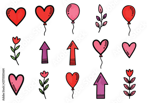 Hand drawn doodle collection of romantic hearts flowers balloons and arrows.