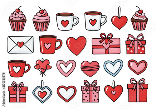 A collection of hand drawn Valentine Day themed icons and illustrations.