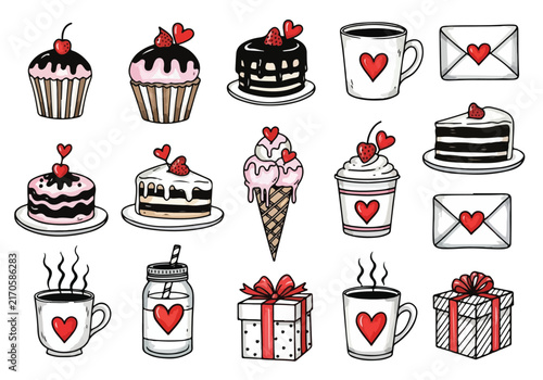 Hand drawn doodle collection of romantic desserts drinks and gifts for valentines day.