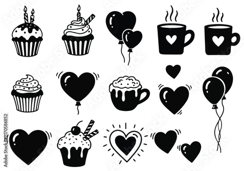 A collection of hand drawn black and white doodle icons featuring cupcakes hearts balloons and mugs.