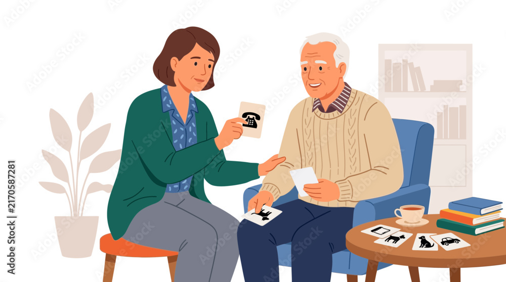 Obraz premium Caregiver and Elderly Man Engage in Cognitive Activity with Flashcards