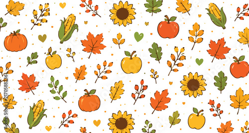 Cute Kawaii Flowers Bows Stars and Cherry Icons Pattern