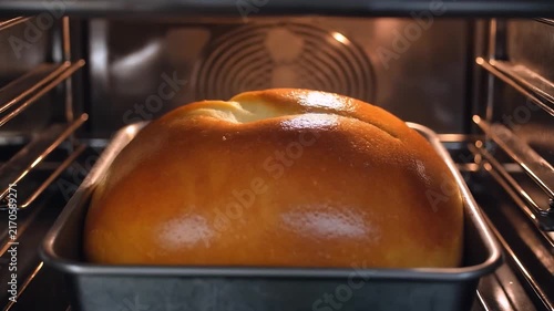 Golden Loaf Baking in Oven: A freshly baked, golden-brown loaf of bread rises majestically inside a hot oven, its crust perfectly browned and inviting.