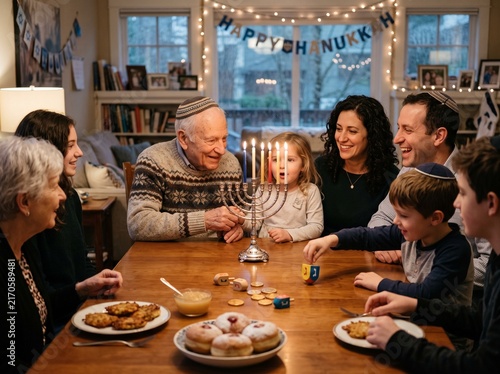 Tapety artystyczne Happy multi-generational family celebrating Hanukkah together at home with a lit menorah and traditional food.