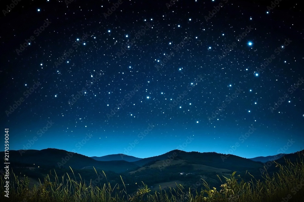 Fototapeta premium Stunning View of a Vast Deep Blue Starry Night Sky Over Silhouetted Mountain Ridges and Meadowland