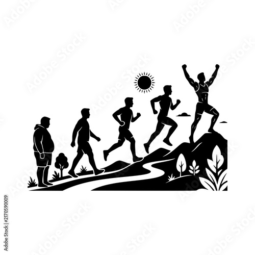 Running athletes climbing mountain path vector illustration, Athletes climbing mountain path illustration
