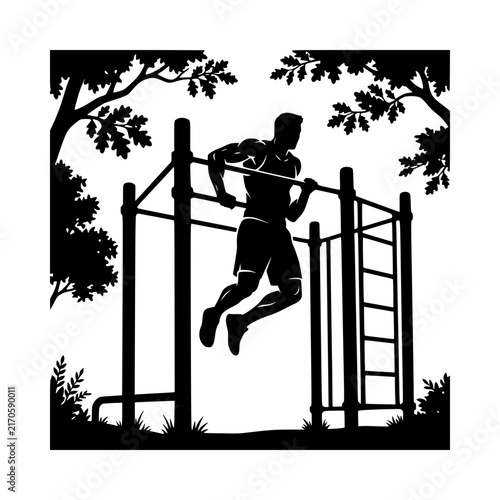 Person performing pull up outdoor gym equipment vector illustration, Pull up exercise gym equipment illustration