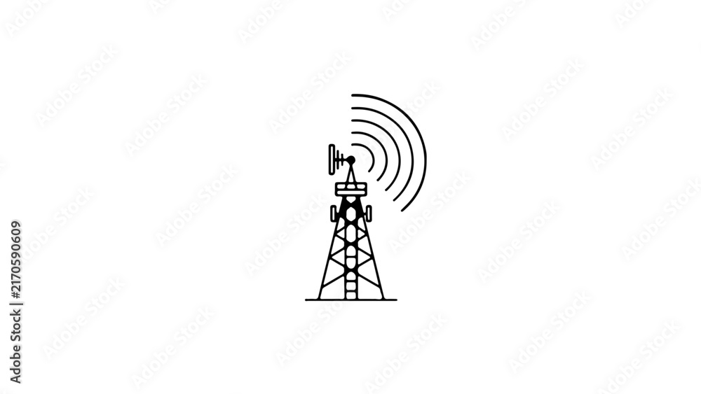 Fototapeta premium Cell tower emitting radio waves with signal lines extending outward in minimalist black and white style.
