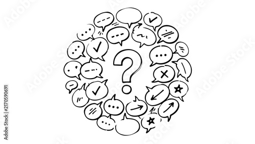 Collection of speech bubbles and question marks forming a densely packed, chaotic yet cohesive illustration on a plain background.