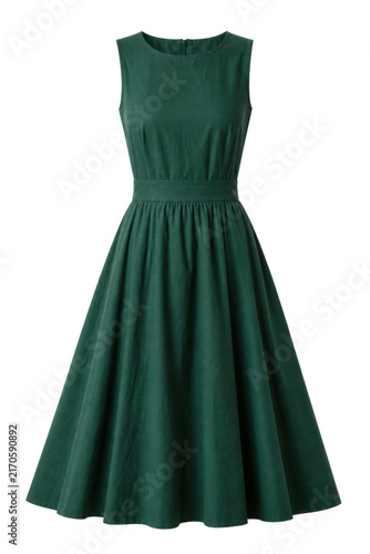 Obraz na płótnie Elegant dark green sleeveless midi dress with a round neckline and a wide pleate