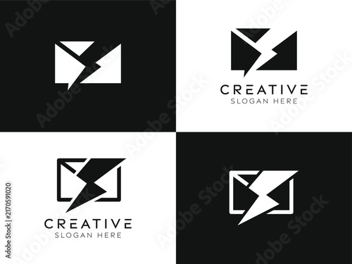 Set of lightning message logo design templates. Isolated modern lightning with message elements designs in black and white.