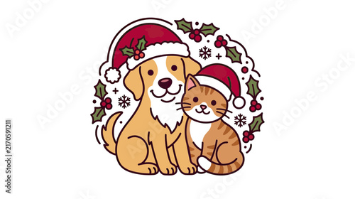 Cute dog and cat wearing Santa hats, festive holiday illustration