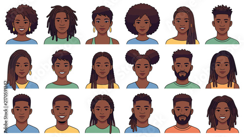 Diverse Collection of Stylized Black Avatars with Varied Hairstyles