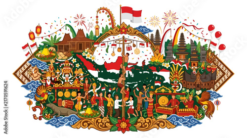 vibrant Indonesian cultural celebration with diverse people and traditional elements.