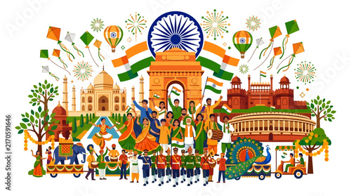 Vibrant Indian cultural celebration with iconic landmarks and diverse people.