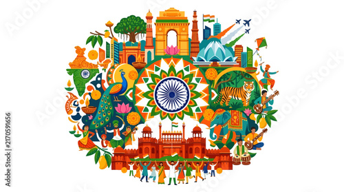 Vibrant illustration of Indias culture, landmarks, and diversity in a circular collage.