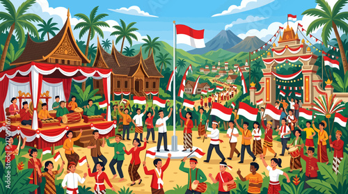 Indonesian people celebrating independence day with flag raising ceremony and traditional festivities.