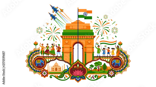 Vibrant Indian patriotic celebration with India Gate, flag, and cultural symbols.