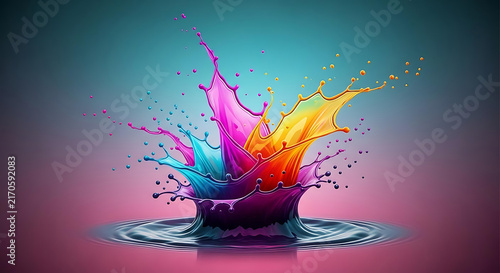 Vibrant multicolored liquid paint splash rising from a smooth surface against a gradient background