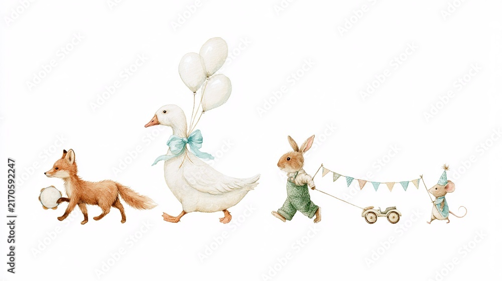 Fototapeta premium Minimalist watercolor horizontal sequence of four walking animals on solid white background, red fox with tambourine, bow‑adorned goose duck with helium balloons, rabbit in patterned overalls with par