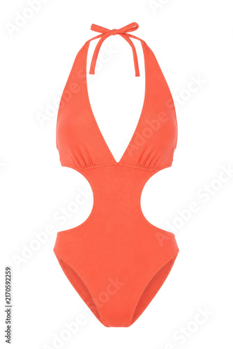 Konstfotografi Vibrant coral orange one-piece swimsuit with a plunging V-neckline and stylish s