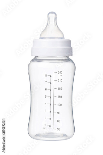 Foto Clear plastic baby bottle with a white cap and silicone nipple, featuring measur