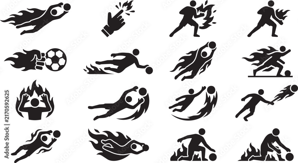 Obraz premium Soccer Goalkeeper Silhouettes with Fire Effects Icon Set