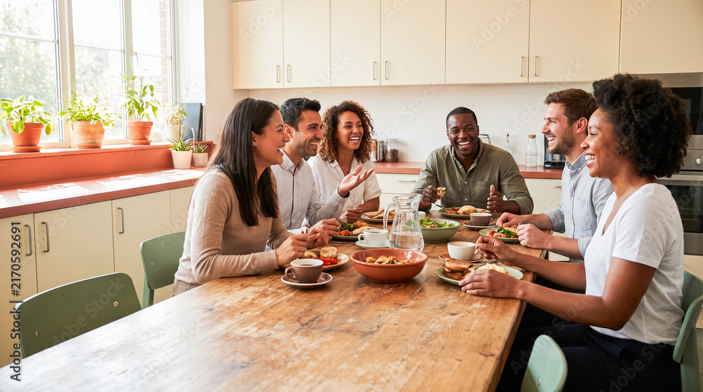 Naklejka premium Diverse group friends sitting around large wooden table eating healthy dinner meal together inside sunny domestic kitchen while laughing enjoying social gathering