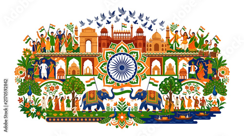 Colorful Indian cultural illustration featuring iconic landmarks people elephants and traditional motifs for Independence Day celebration.