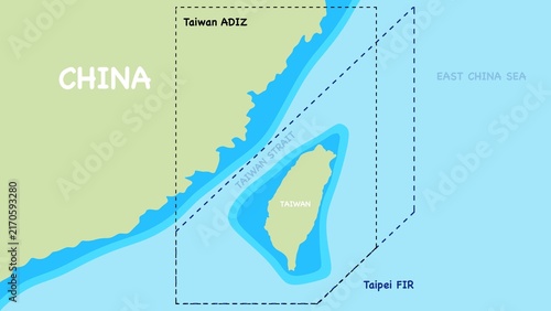 Geopolitical map demonstrating boundaries of Taiwan Strait along with ADIZ defense zone and Taipei FIR region. Educational infographic details sea borders near China for geography study.