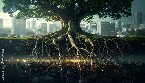 Majestic Tree Roots and Cityscape - Symbolizing Growth, Nature, and Urban Life