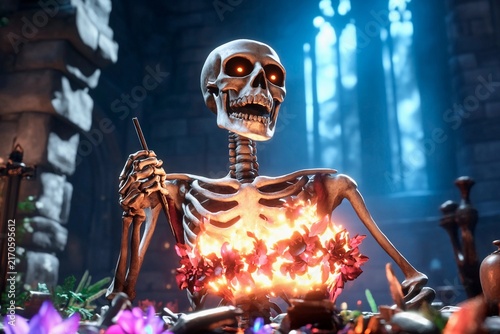 Skeleton engages in eerie celebration surrounded by gothic relics