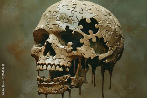Melting puzzle skull with dripping pieces resembling flowing water