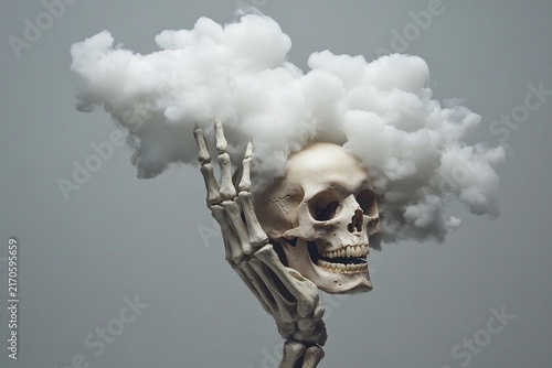 Skeletal hand gripping skull while clouds form in the background