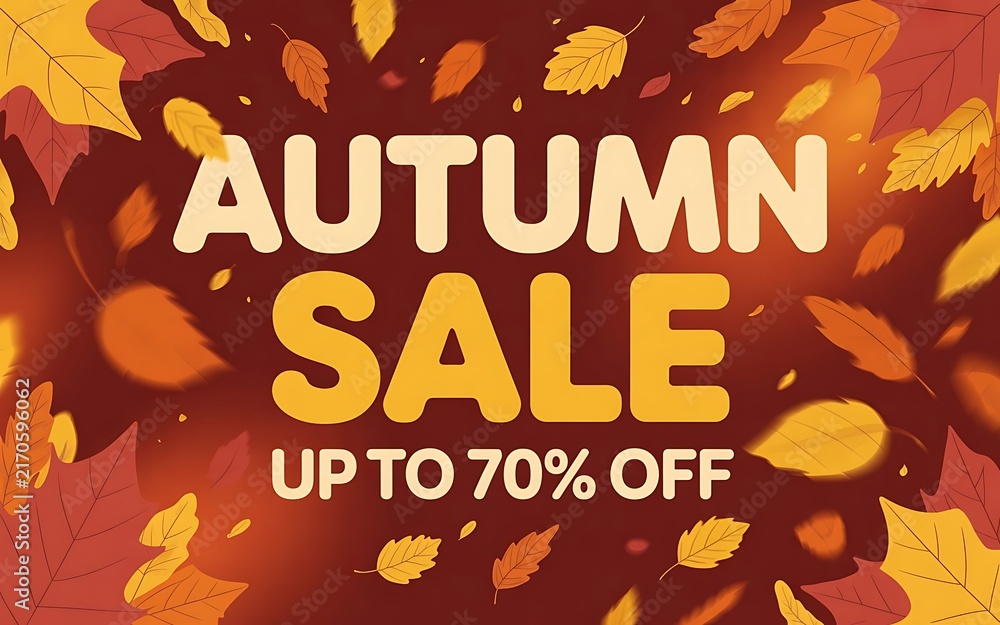 Fototapeta premium Autumn sale banner with falling leaves and big discount up to seventy percent