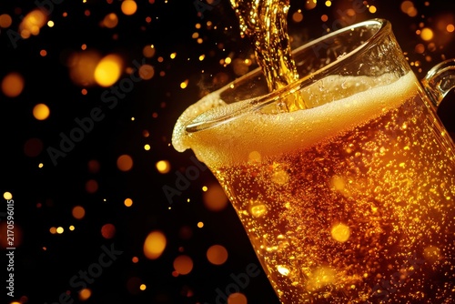 Fresh light beer pouring into glass mug with foam splash on golden bokeh background layout