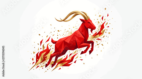 Red low poly geometric goat leaping with golden horns