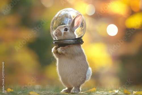 A rabbit standing on its hind legs in a space helmet in golden autumn nature