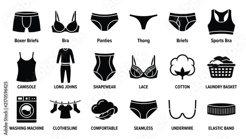 Set of underwear icons. Lingerie, undergarment, clothes washing, laundry care, comfortable apparel, textile, cotton, lace, seamless, elastic band symbols.