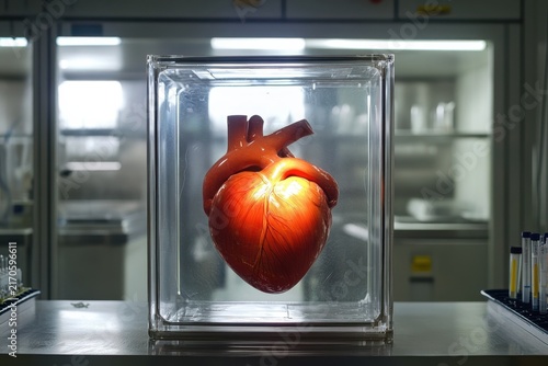 Human heart prominently displayed inside transparent container in laboratory