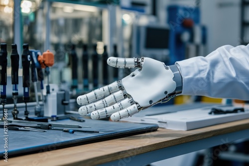 Advanced bionic prosthetic hand resting on workbench in manufacturing laboratory