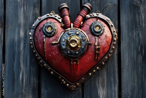 Rustic mechanical heart made of rusty metal gears symbolizing technology and humanity